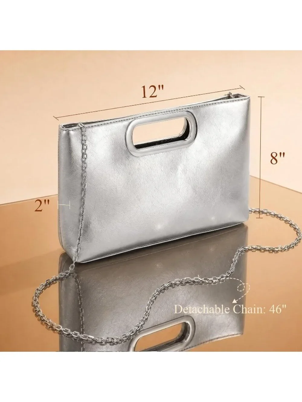 Women's Silver Clutch Handbag Modern Faux Leather with Metal Handle Evening Bag
